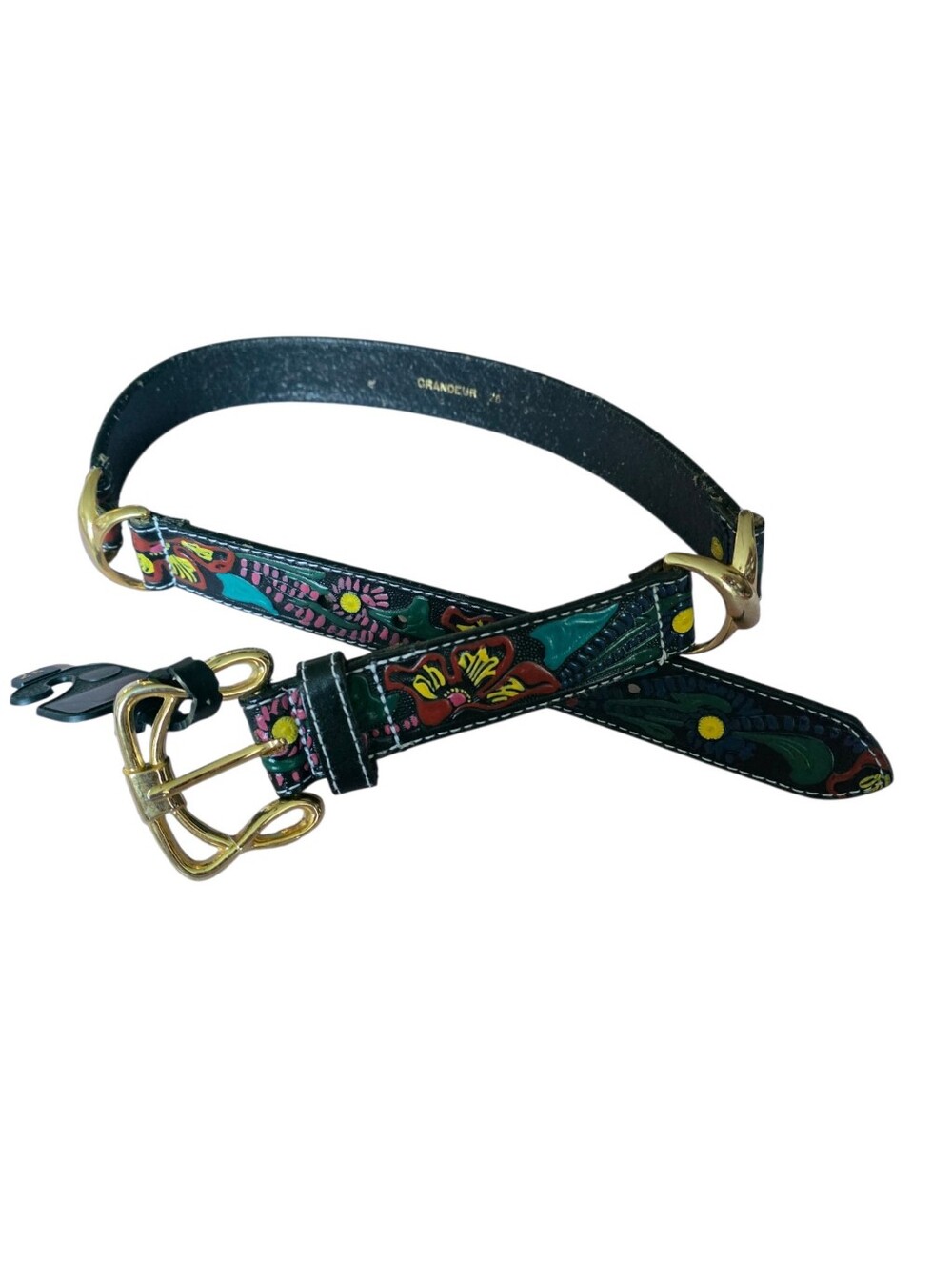 New Floral Embossed Leather Belt with Gold Buckle - Black/Teal Vintage